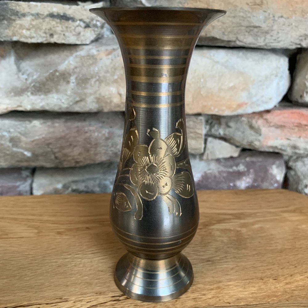 VTG Brass Vase Etched Floral India Boho Decor